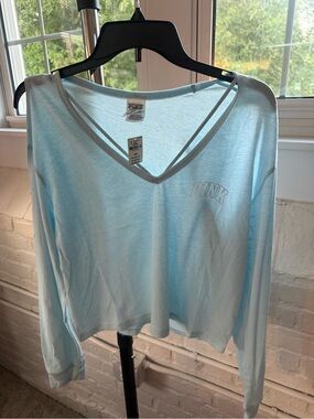 PINK Victoria's Secret Light Blue V-Neck Long Sleeve Top with Double-Strap